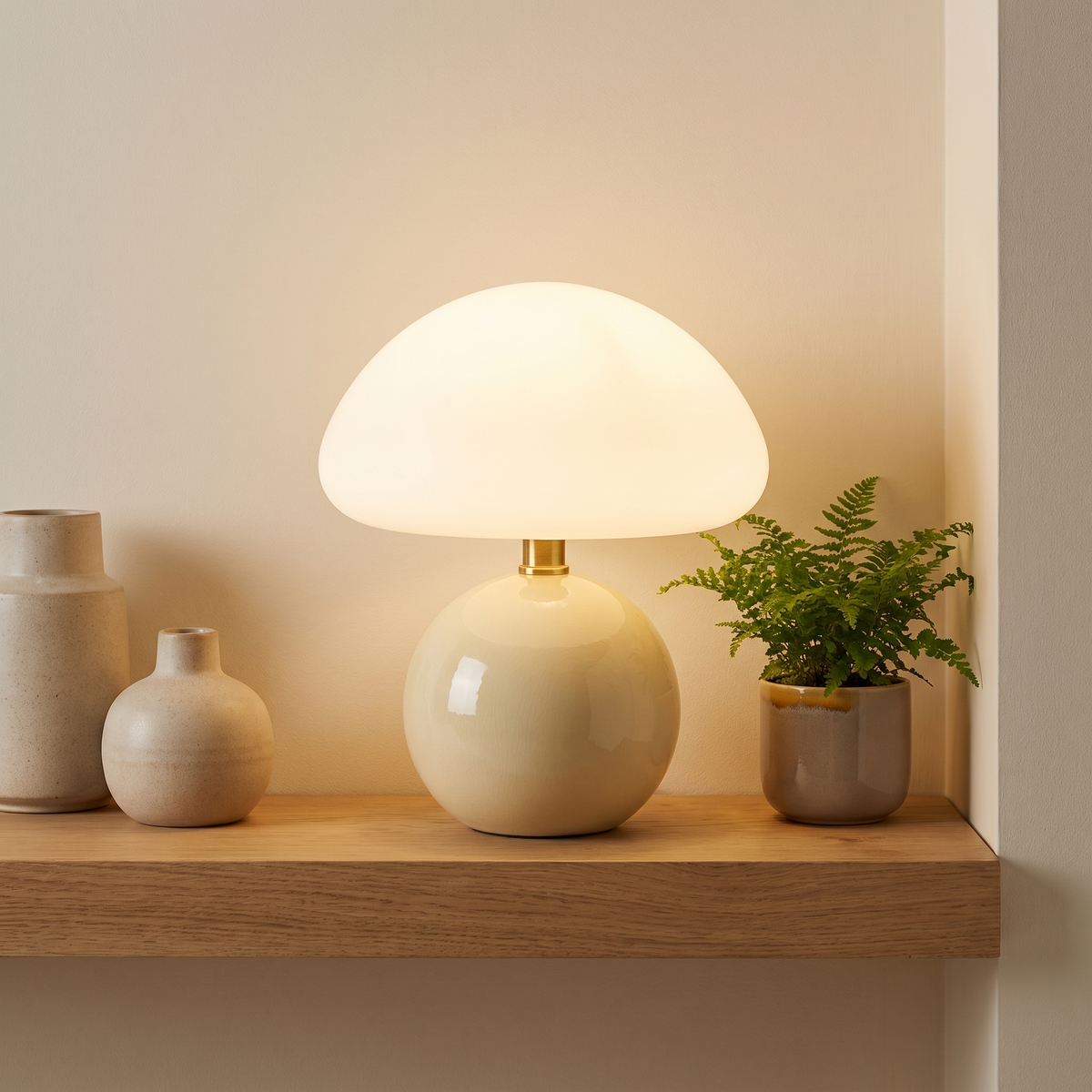 Bloomi mushroom lamp on a wall shelf