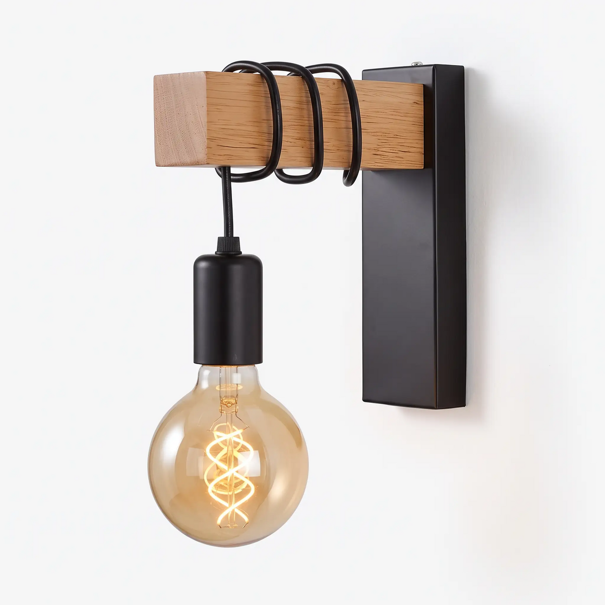 Hollis Industrial Wood Arm Wall Sconce Exposed Bulb Metal Light for Bedroom and Hallway