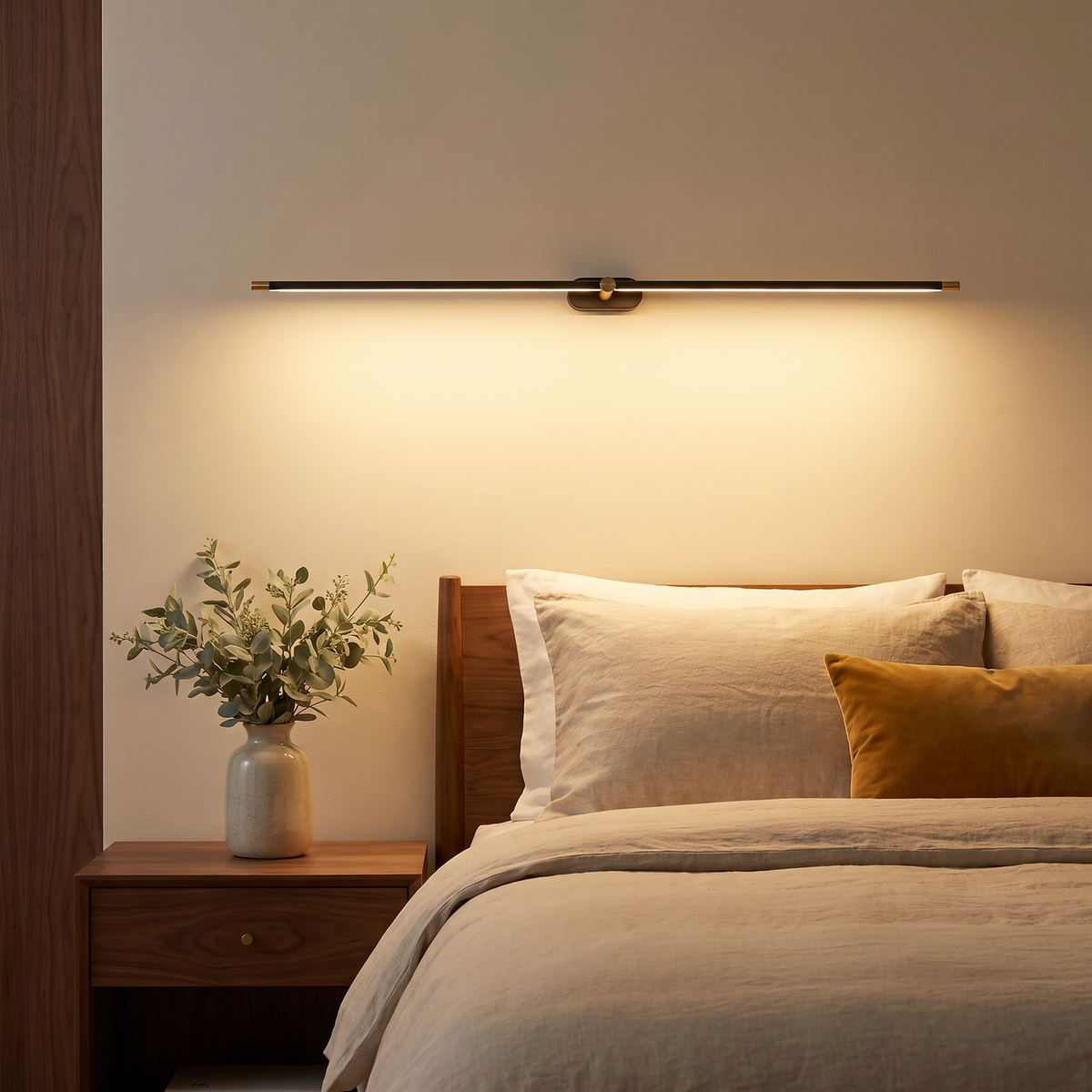 Lumora wall sconce glowing above a bed
