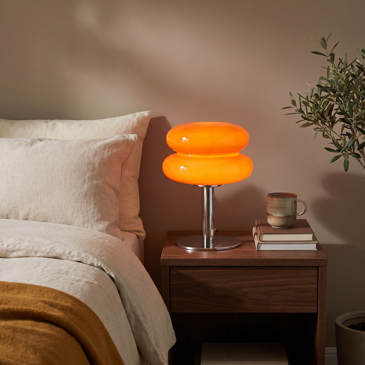 Vetra glass lamp on a bedroom nightstand