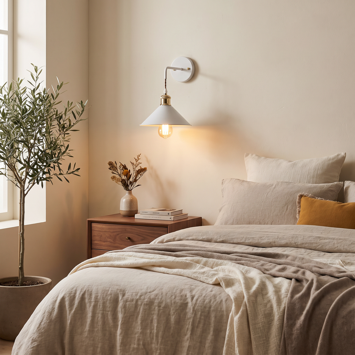 Forge wall sconce beside a bed