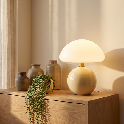 Bloomi mushroom lamp on an oak sideboard