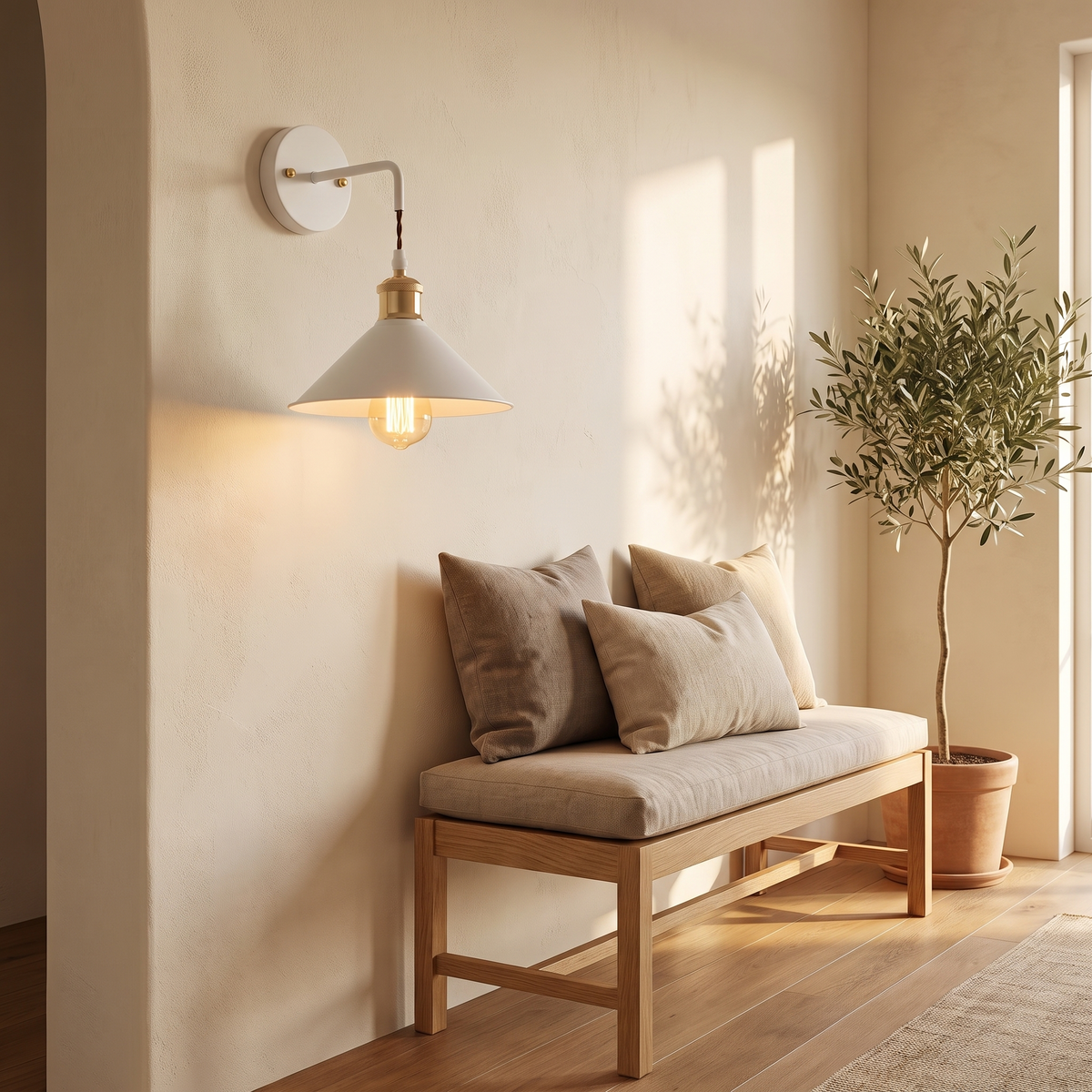 Forge wall sconce in a calm entryway