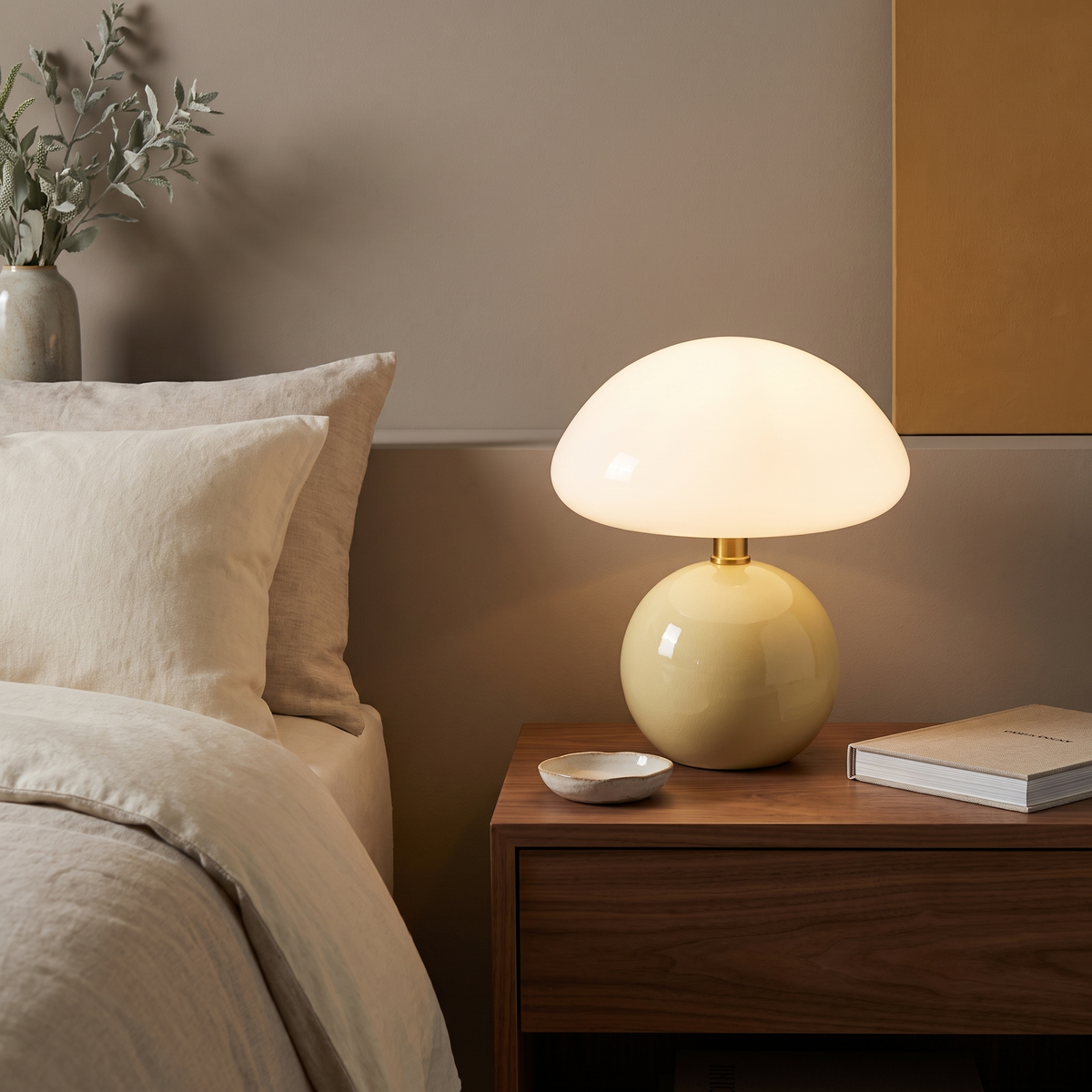 Bloomi mushroom lamp on a nightstand
