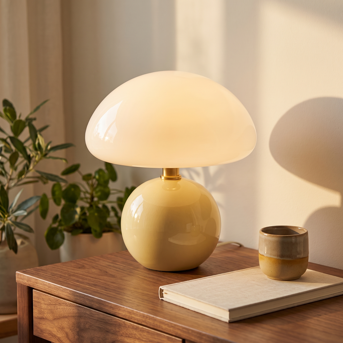 Bloomi mushroom lamp on a walnut desk