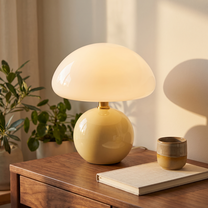 Bloomi mushroom lamp on a walnut desk
