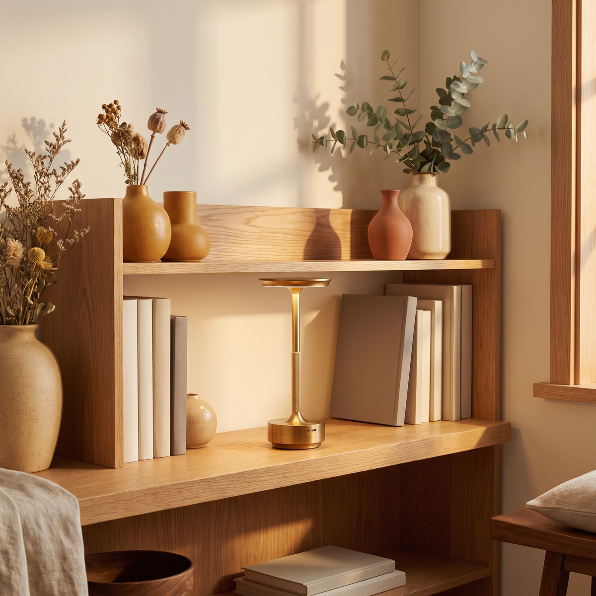 Aurelle cordless lamp on a bookshelf
