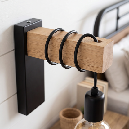 Hollis Industrial Wood Arm Wall Sconce Exposed Bulb Metal Light for Bedroom and Hallway