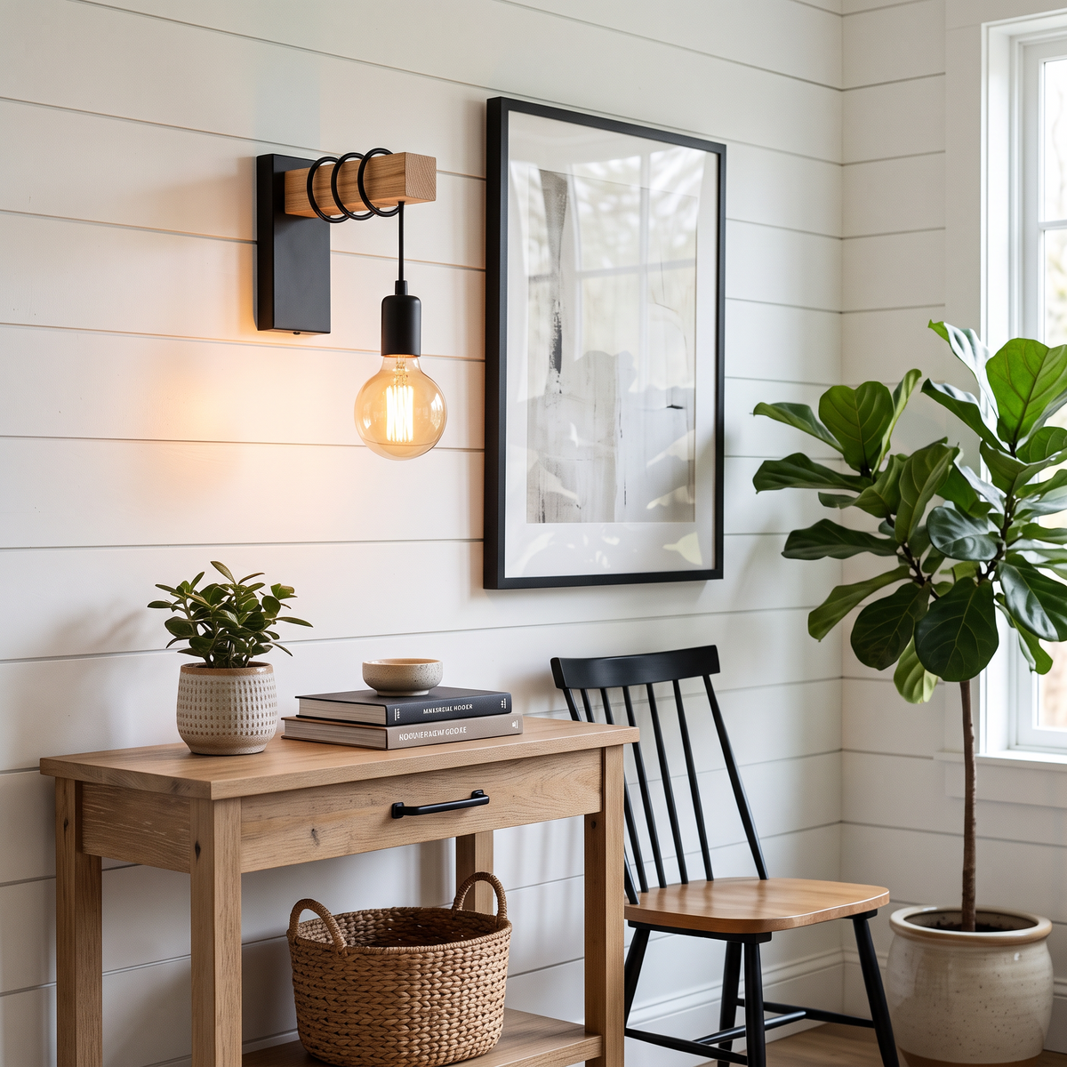 Hollis Industrial Wood Arm Wall Sconce Exposed Bulb Metal Light for Bedroom and Hallway