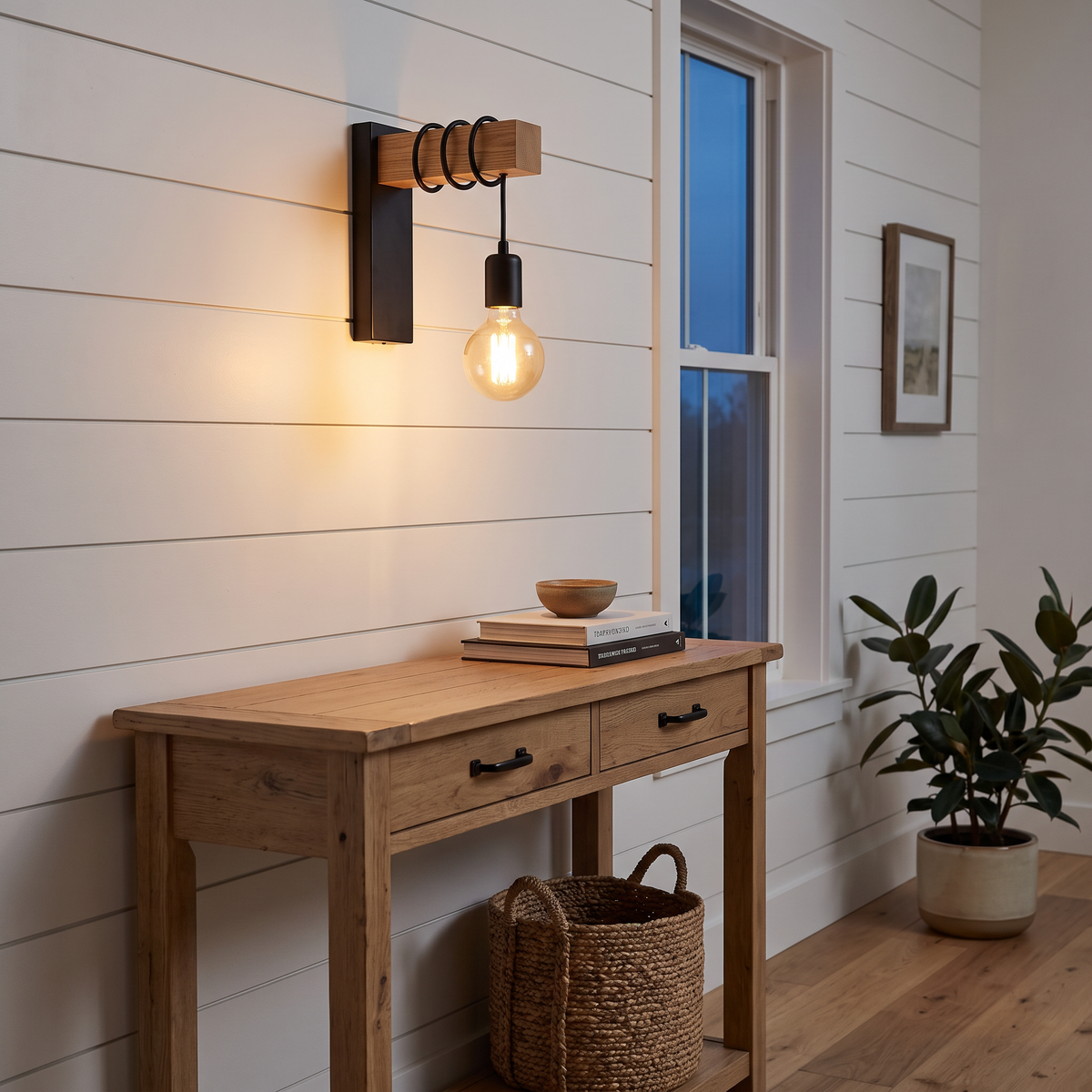 Hollis Industrial Wood Arm Wall Sconce Exposed Bulb Metal Light for Bedroom and Hallway