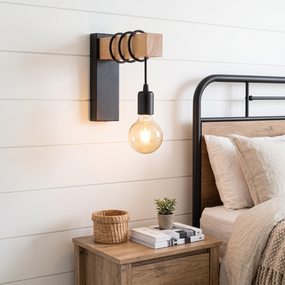 Hollis Industrial Wood Arm Wall Sconce Exposed Bulb Metal Light for Bedroom and Hallway